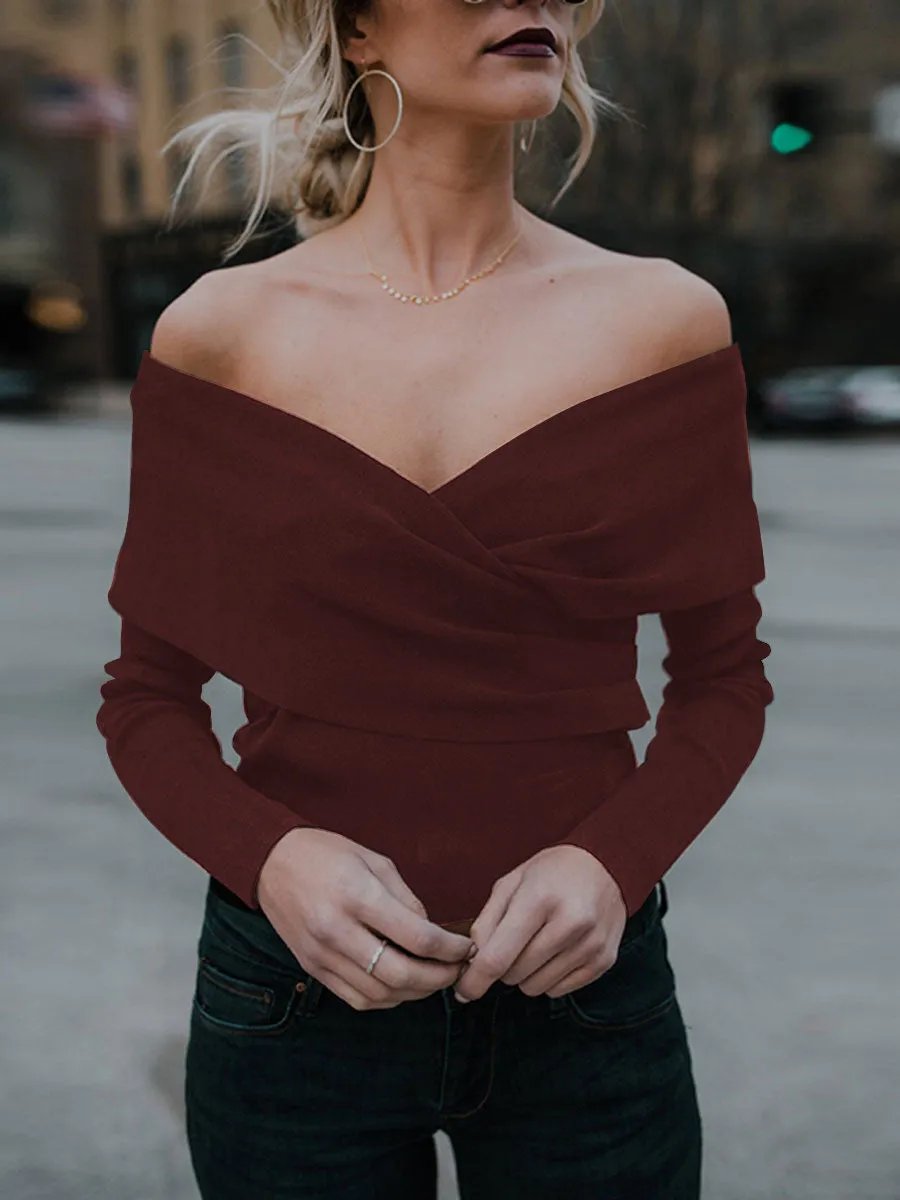 Solid Color V-Neck Off-Shoulder Knitted Sweater