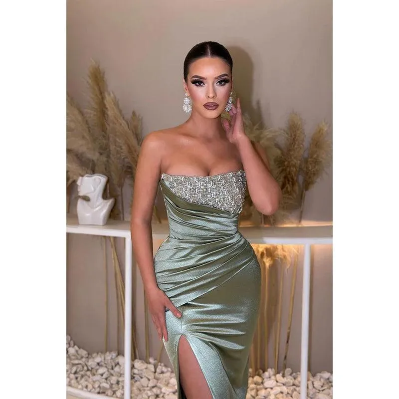 Strapless Sequined Ruched Satin Sheath Long Prom Evening Gown