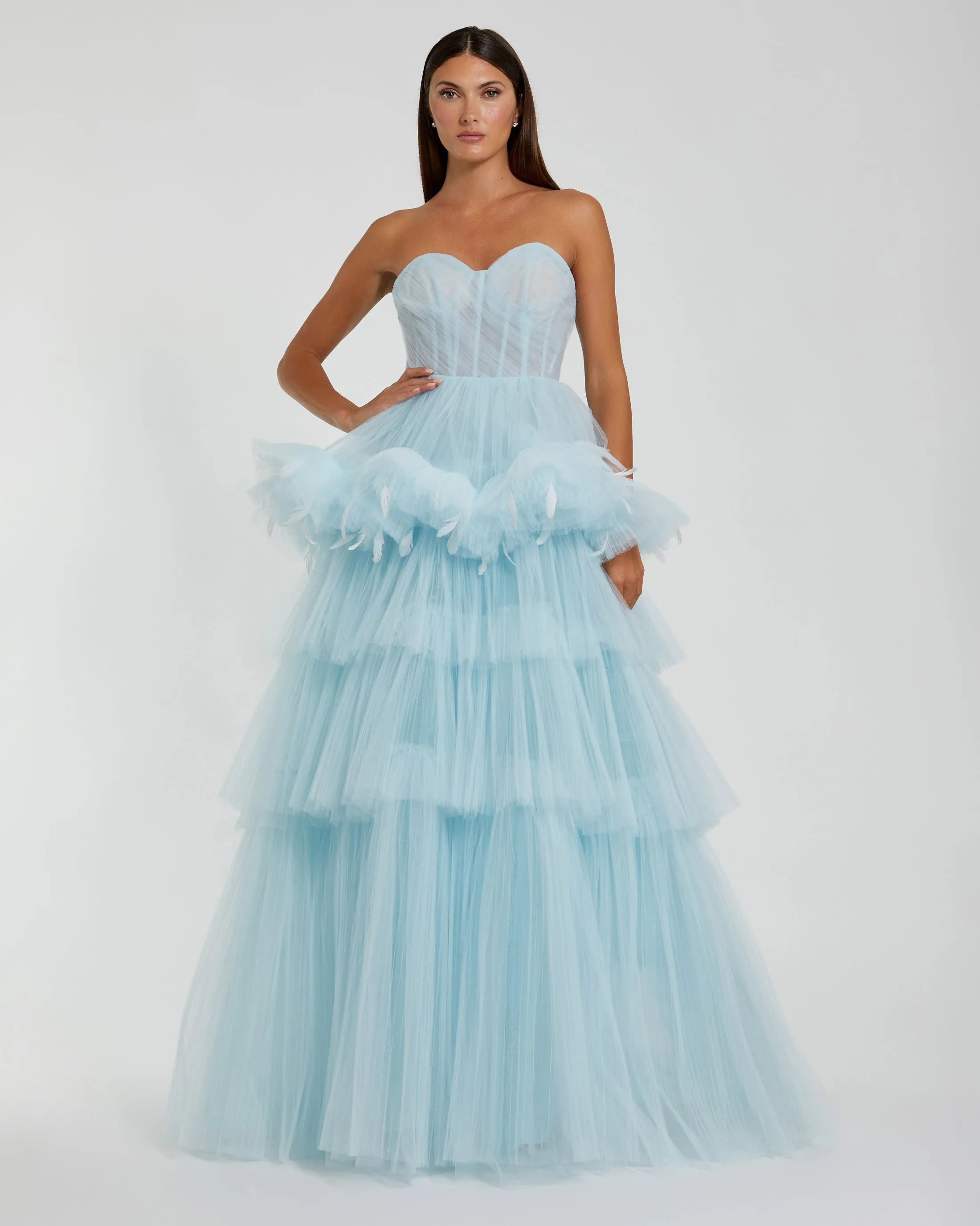 Strapless Tulle Gown with Feather Detail