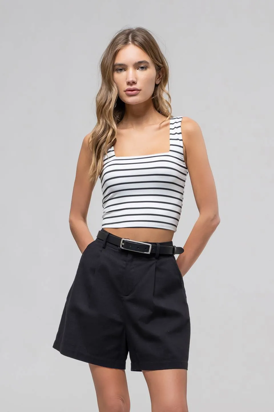 STRIPE SQUARE NECK SLEEVELESS KNIT CROP TOP