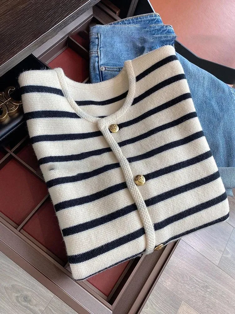 Striped Knit Cardigan: Stylish O-Neck Sweater for Women