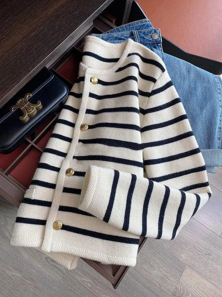 Striped Knit Cardigan: Stylish O-Neck Sweater for Women