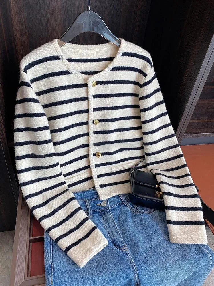 Striped Knit Cardigan: Stylish O-Neck Sweater for Women