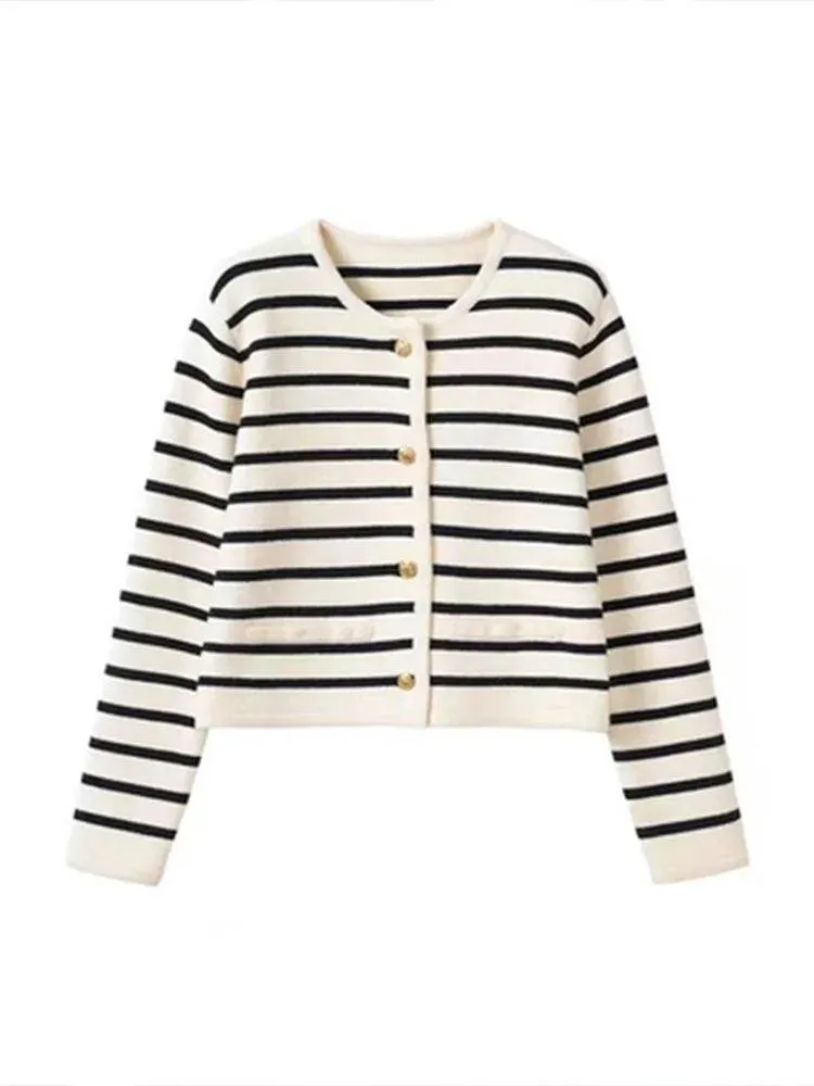 Striped Knit Cardigan: Stylish O-Neck Sweater for Women