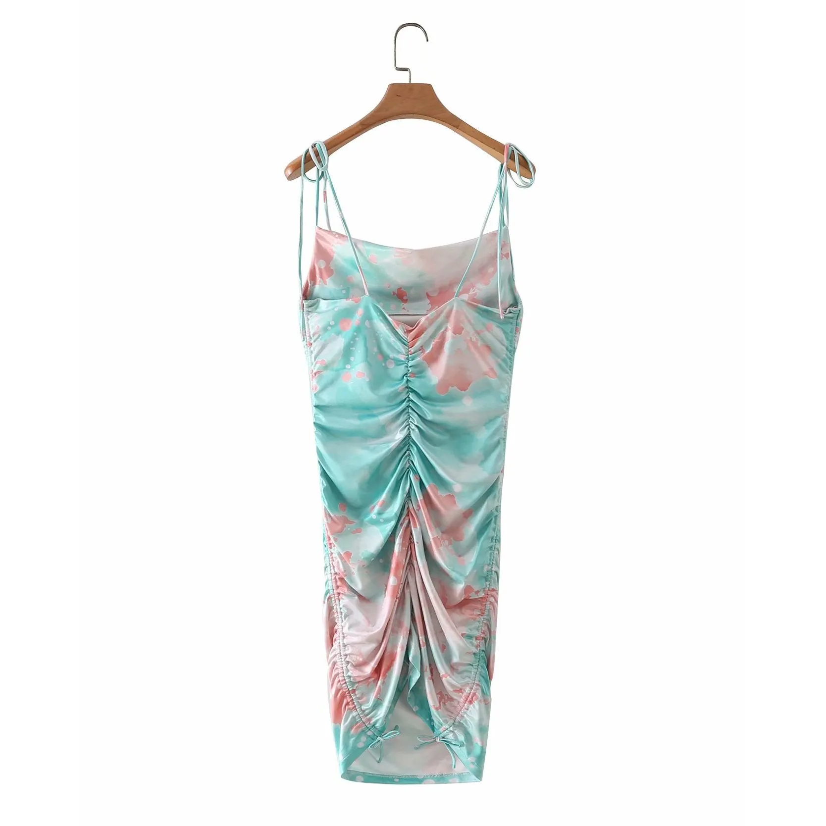 Summer Women Tie Dye Draped  Drawstring Dress Sexy Sling Bodycon Mini