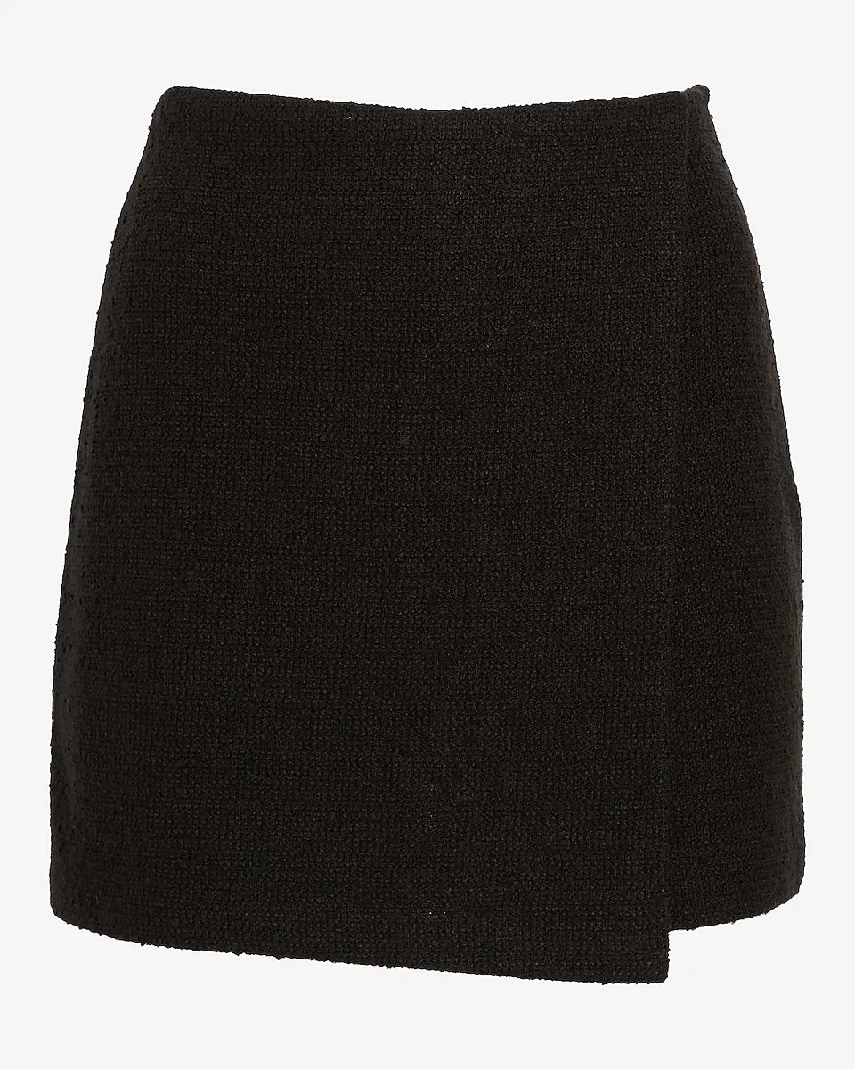 Super High Waisted Tweed Wrap Front Mini Skort in Pitch Black