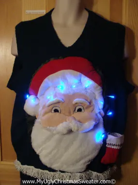 Tacky 3D Ugly Christmas Sweater Vest Mens Puffy Santa with Lights and Fringe (A64)