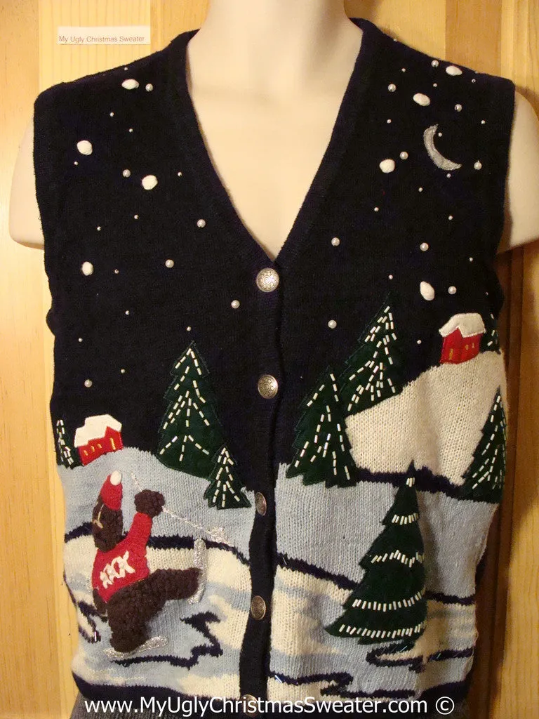 Tacky Christmas Sweater Party Ugly Sweater Vest with a Bear Skating in a Night Time Winter Wonderland (f839)