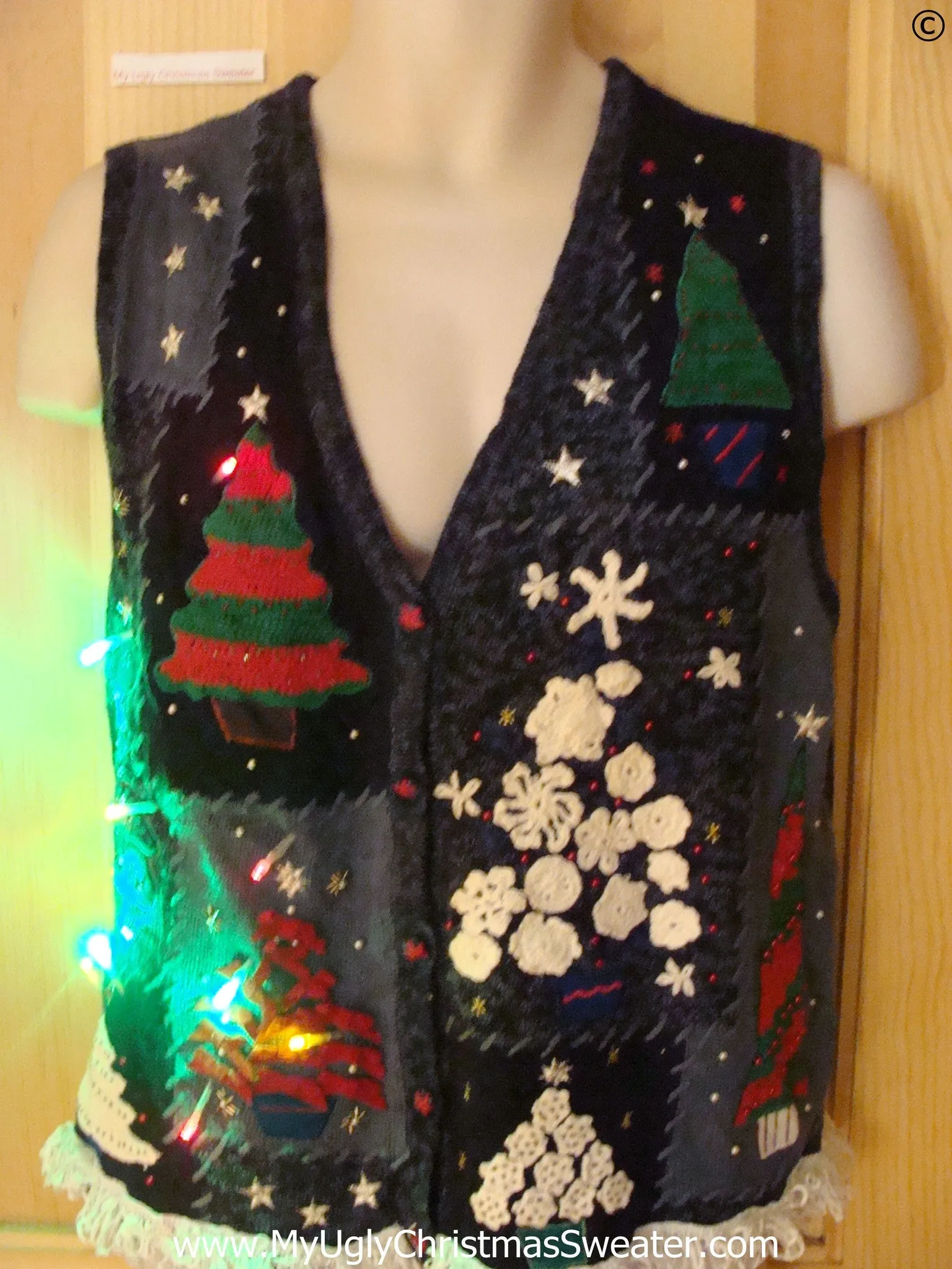 Tacky Christmas Sweater Vest with Trees, with Lights