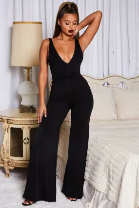 That Cuts Deep Twist Front Plunging Wide Leg Jumpsuit in Black