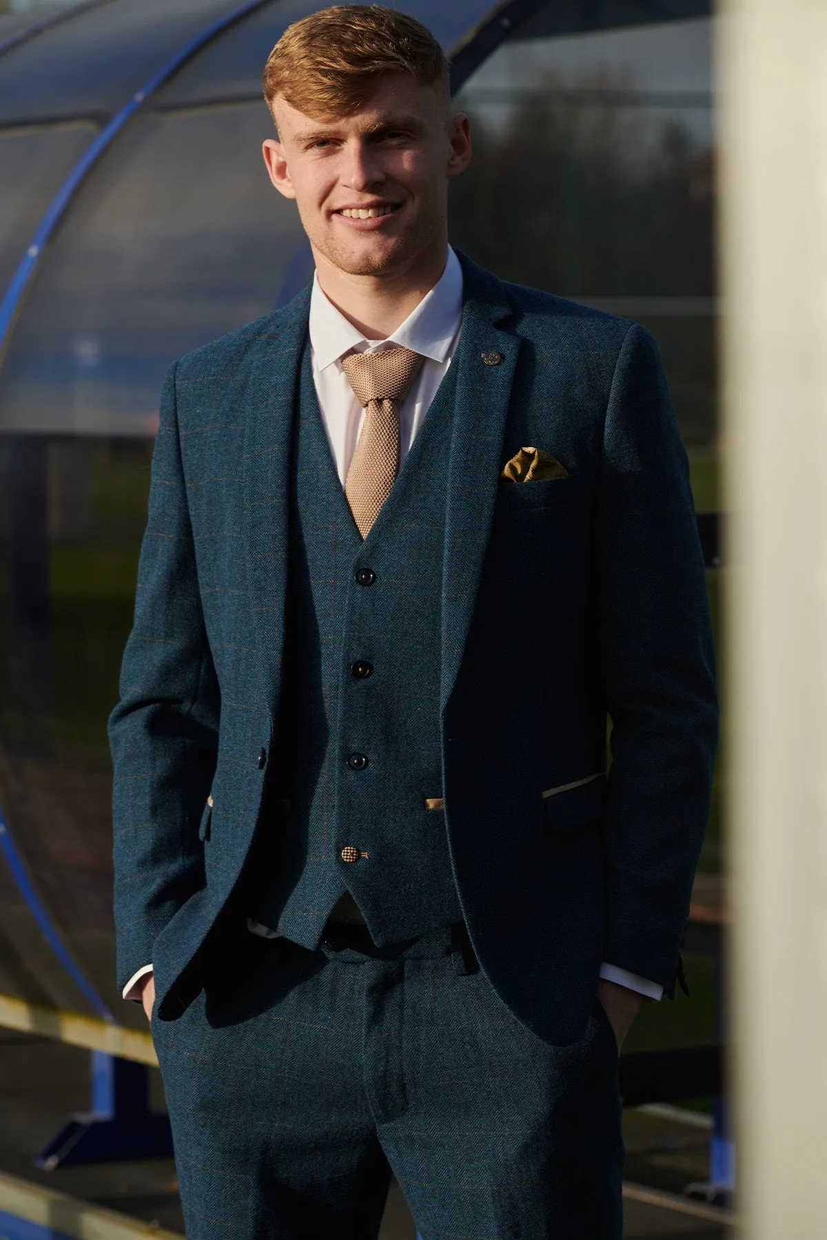 The Everton Collection | Jarrad Branthwaite In DION Blue Tweed Check Suit