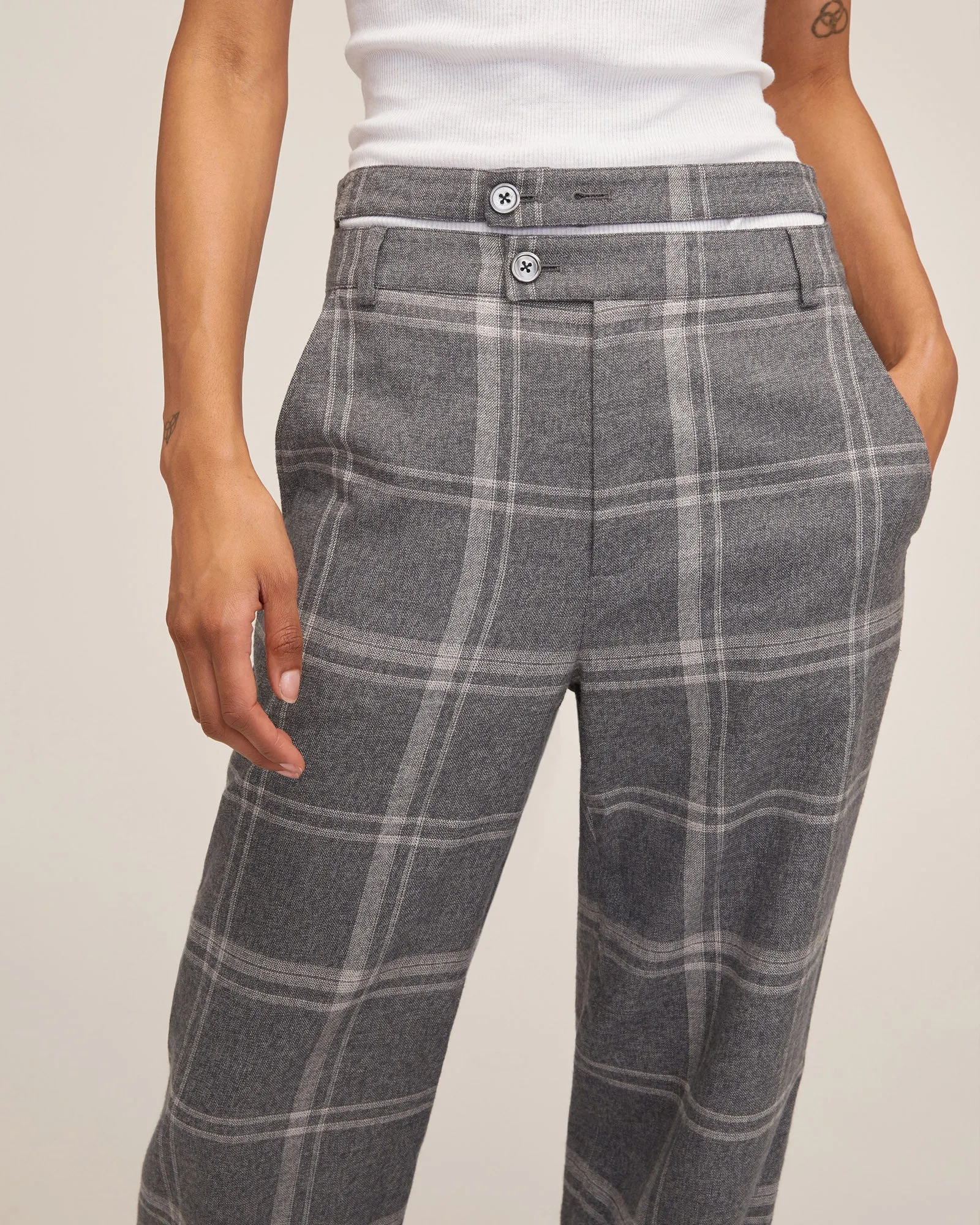 Theo Steel Plaid Double Waist Trouser