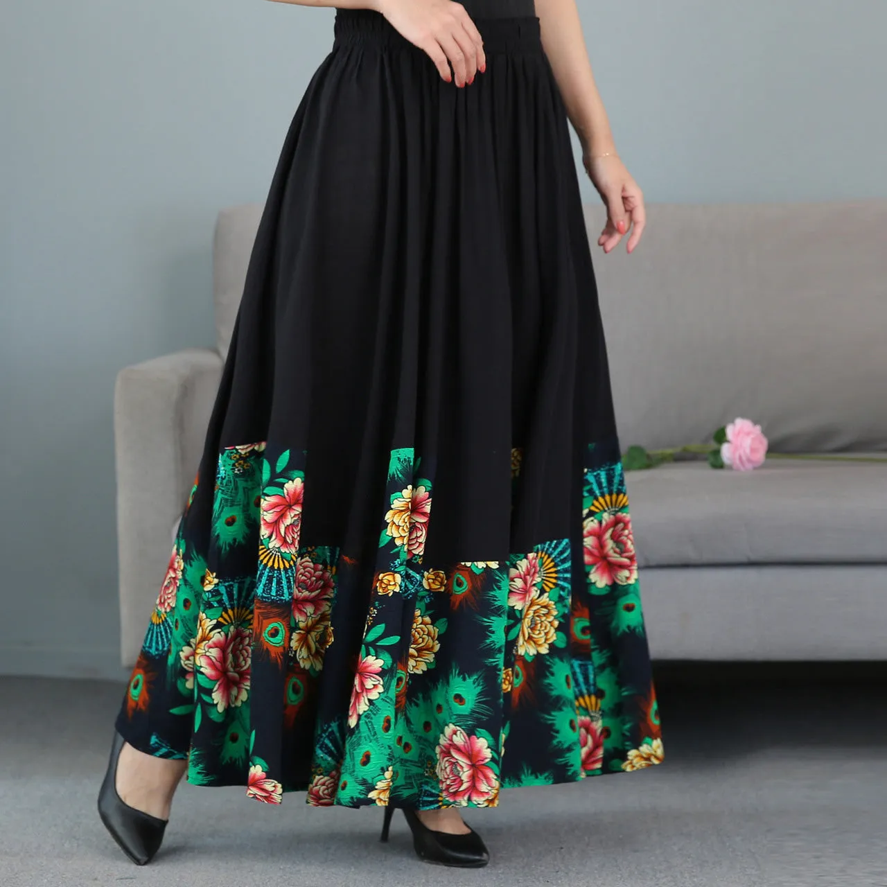 Traditional Chinese Style Floral Expansion Pleated Skirt