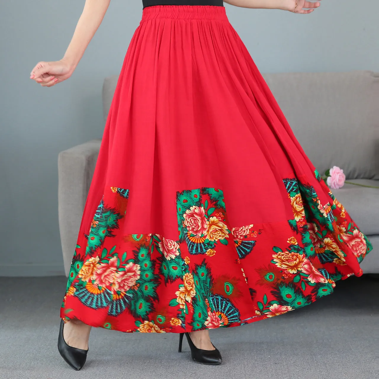 Traditional Chinese Style Floral Expansion Pleated Skirt