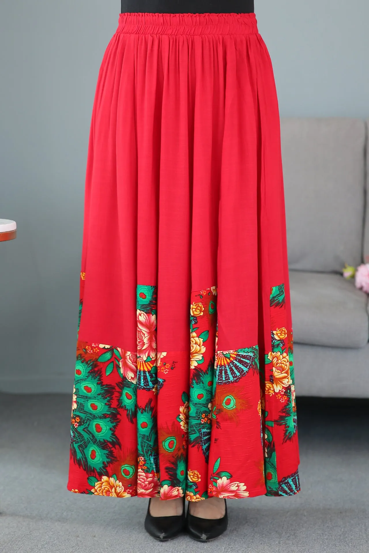 Traditional Chinese Style Floral Expansion Pleated Skirt