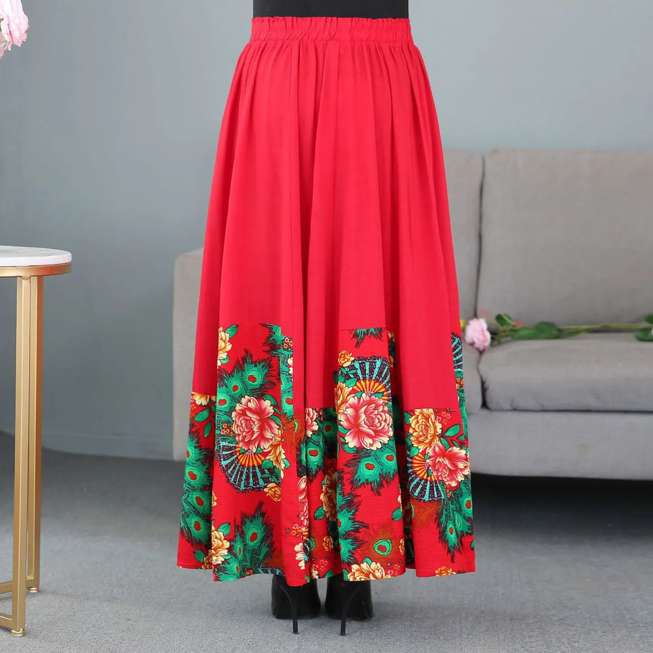 Traditional Chinese Style Floral Expansion Pleated Skirt