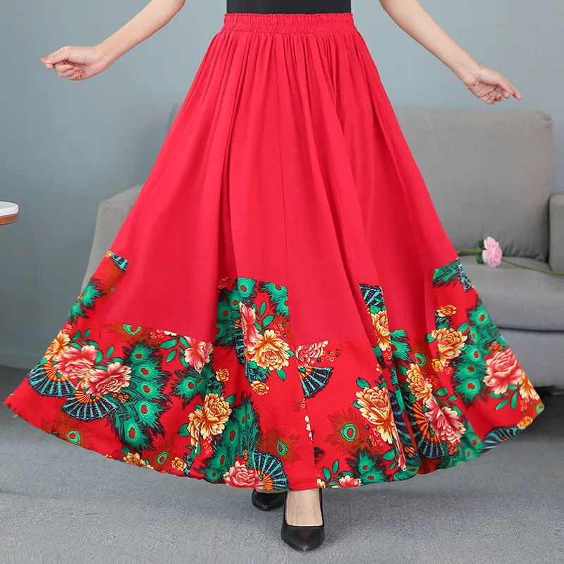 Traditional Chinese Style Floral Expansion Pleated Skirt