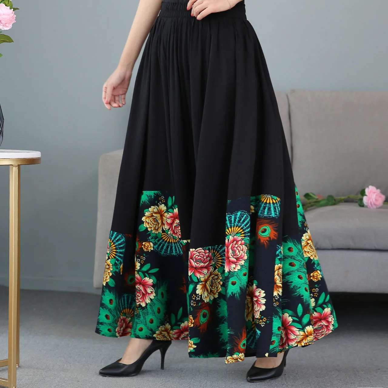 Traditional Chinese Style Floral Expansion Pleated Skirt