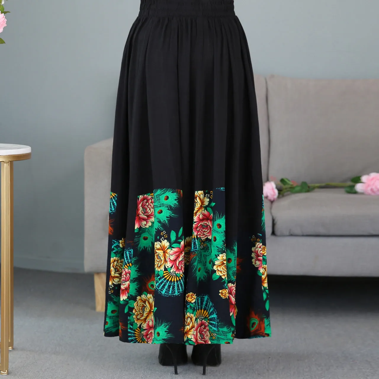 Traditional Chinese Style Floral Expansion Pleated Skirt