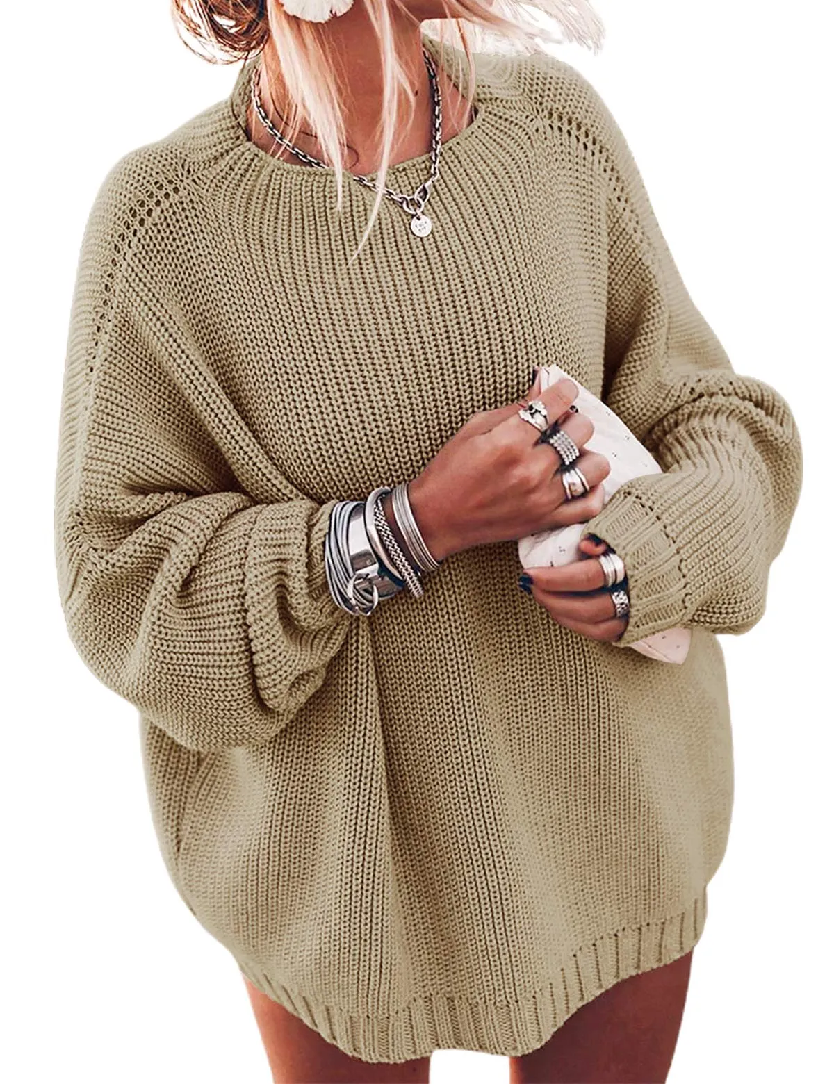 Ugerlov Women's Oversized Sweaters Batwing Sleeve Mock Neck Jumper Tops Chunky Knit Pullover Sweater