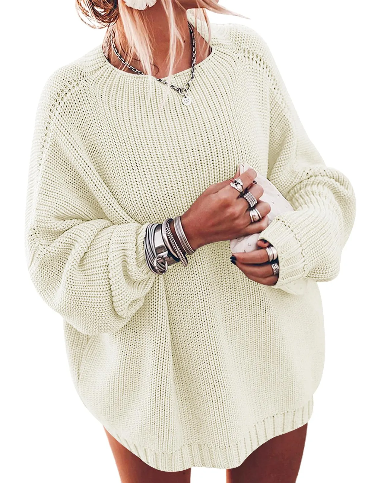 Ugerlov Women's Oversized Sweaters Batwing Sleeve Mock Neck Jumper Tops Chunky Knit Pullover Sweater