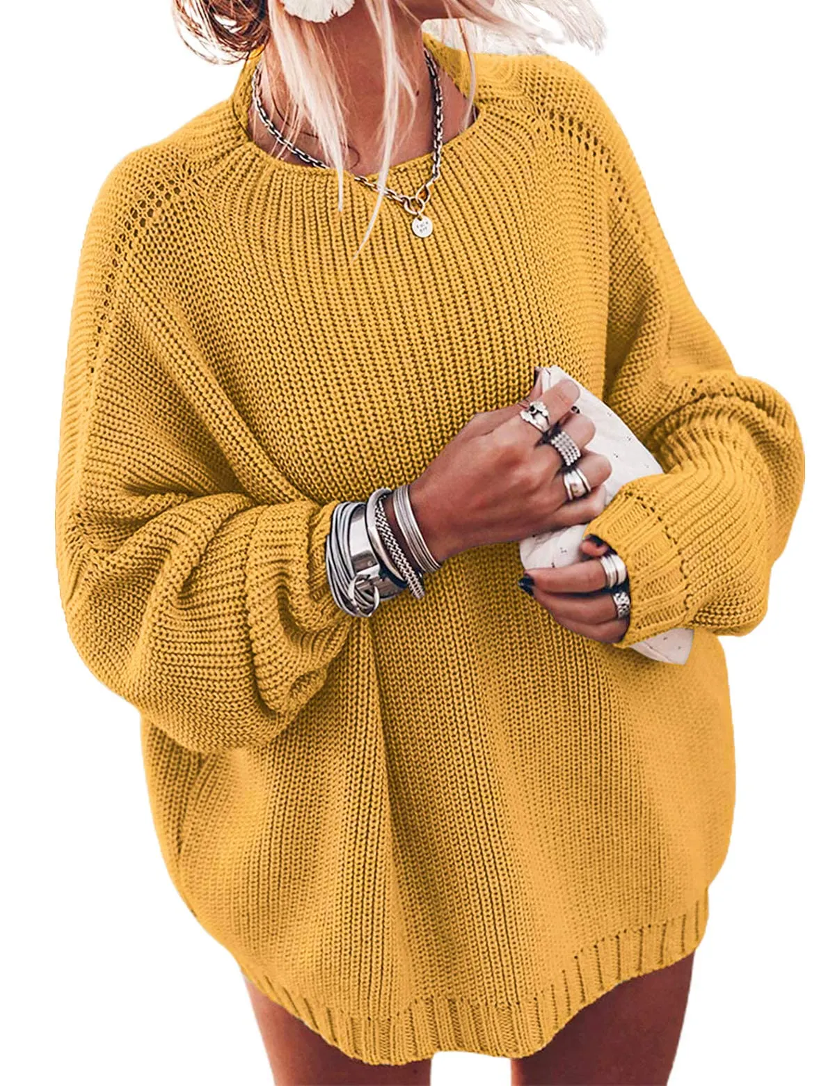 Ugerlov Women's Oversized Sweaters Batwing Sleeve Mock Neck Jumper Tops Chunky Knit Pullover Sweater