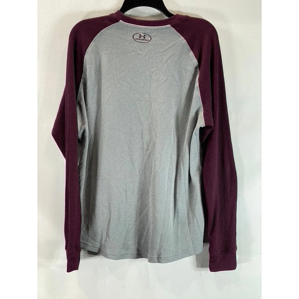 UNDER ARMOUR Men's Gray/Burgundy Colorblock Crewneck Loose Thermal Shirt SZ L