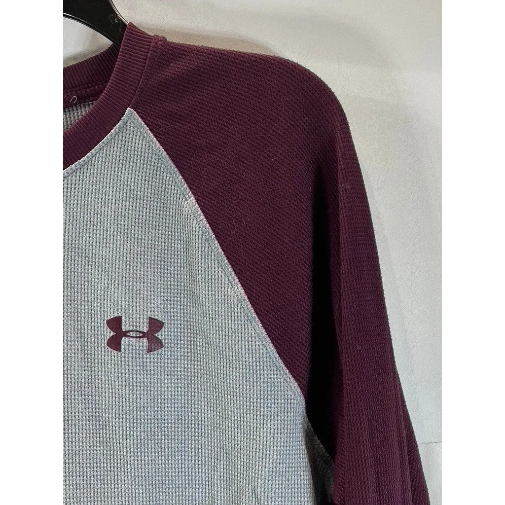 UNDER ARMOUR Men's Gray/Burgundy Colorblock Crewneck Loose Thermal Shirt SZ L