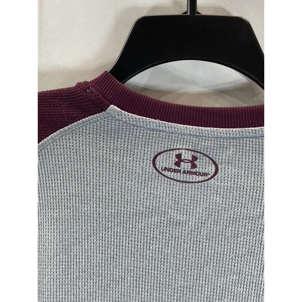 UNDER ARMOUR Men's Gray/Burgundy Colorblock Crewneck Loose Thermal Shirt SZ L