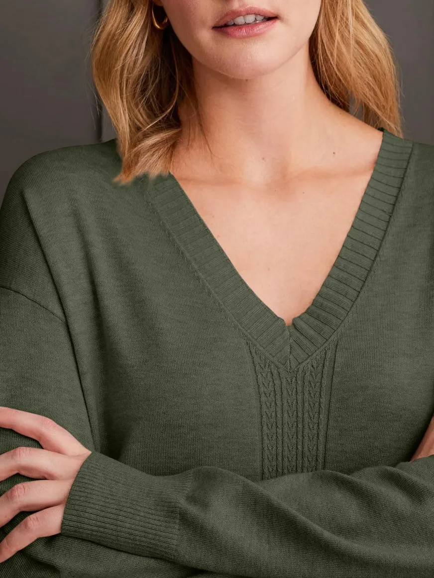 V-Neck Cable Detail Sweater - Spinach