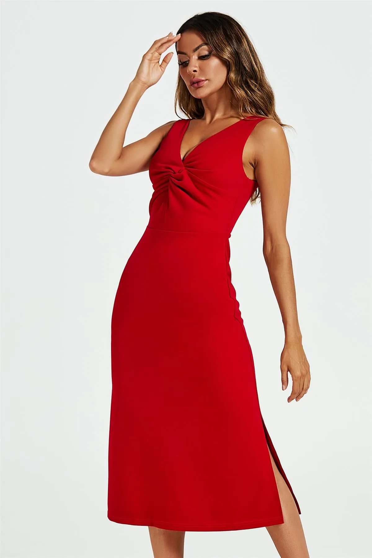 V Neck Knot Front Midi Dress In Red