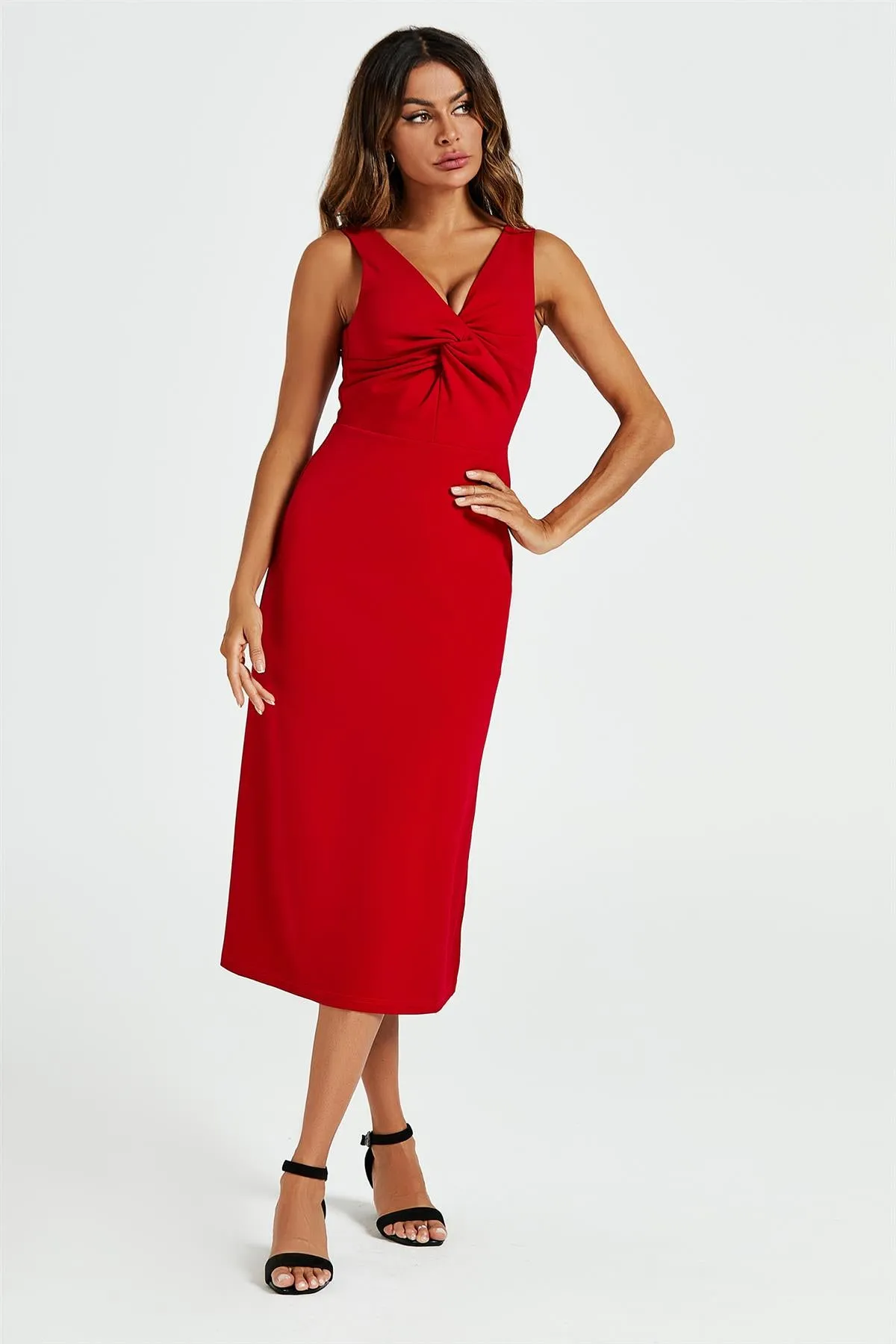 V Neck Knot Front Midi Dress In Red