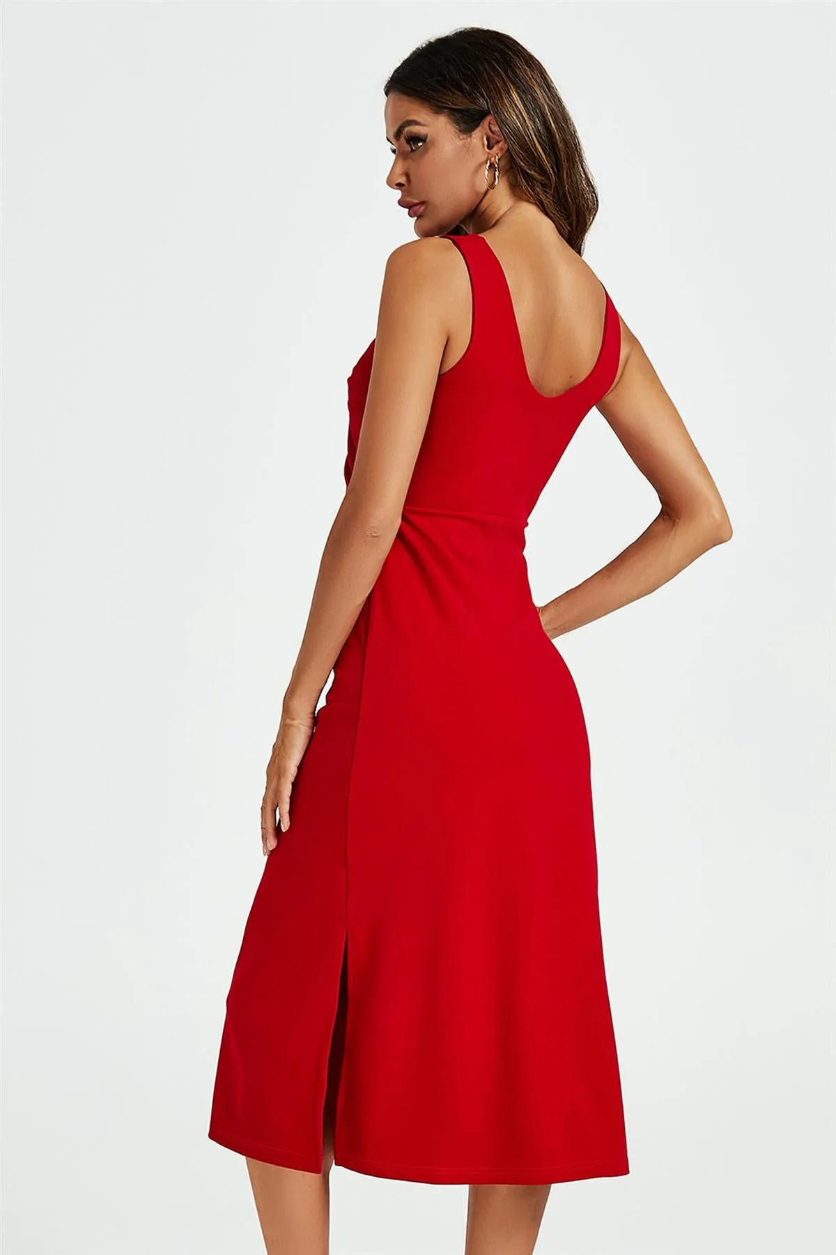 V Neck Knot Front Midi Dress In Red