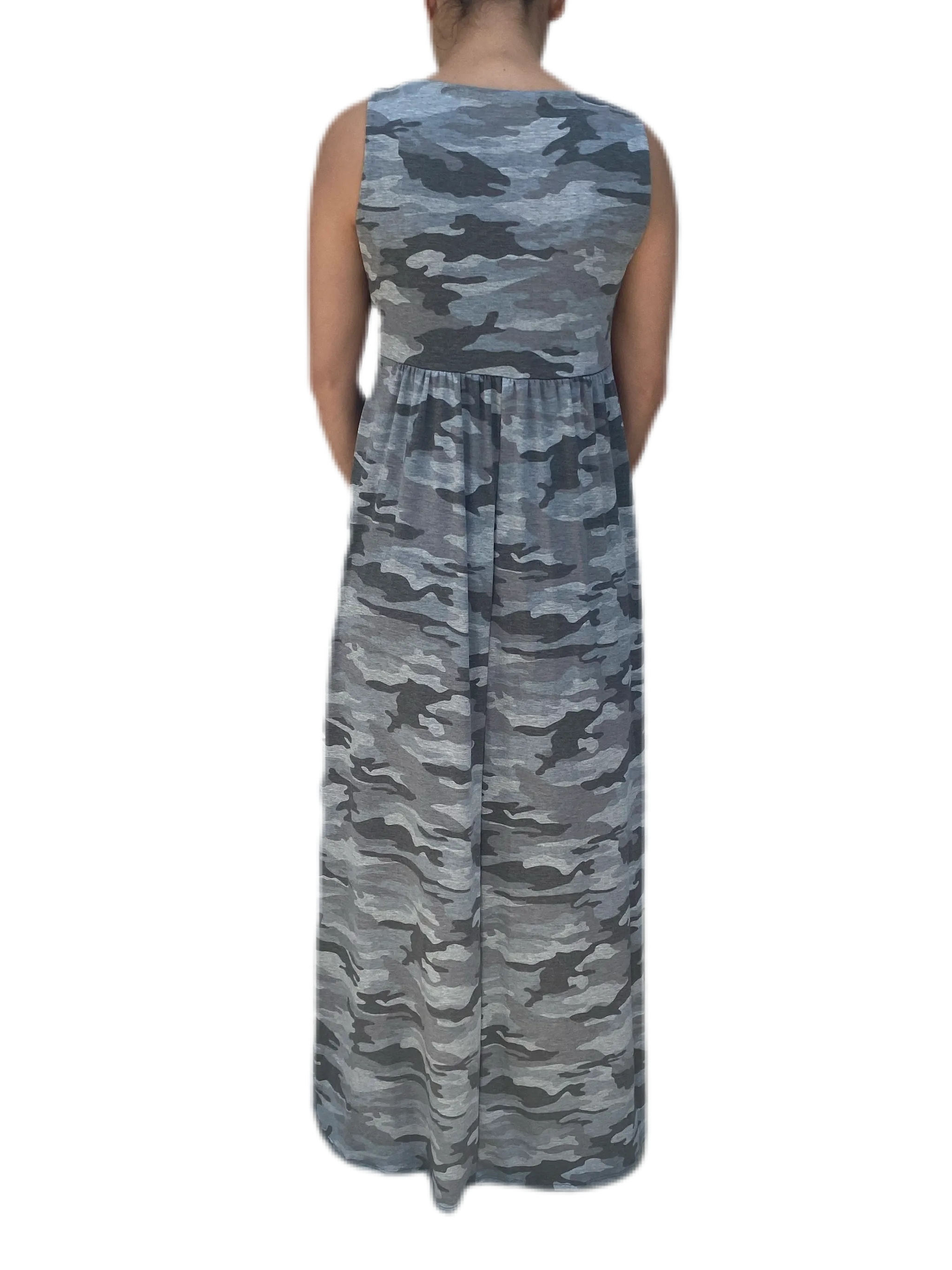 V neck maxi dress  in our grey camouflage rayon Jersey