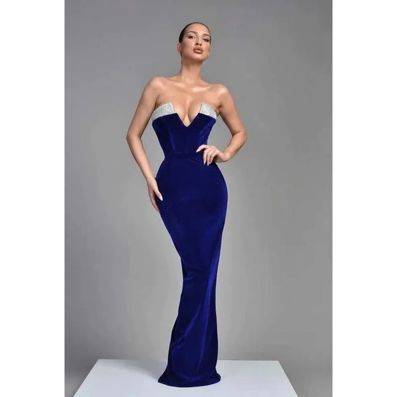 V-Neck Strapless Sequined Sheath Long Prom Dress With Back Slit