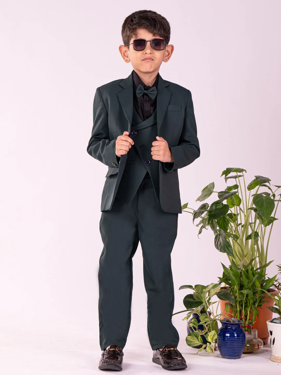 VASTRAMAY Boys' Black And Green Shirt Blazer Waist Coat And Pant