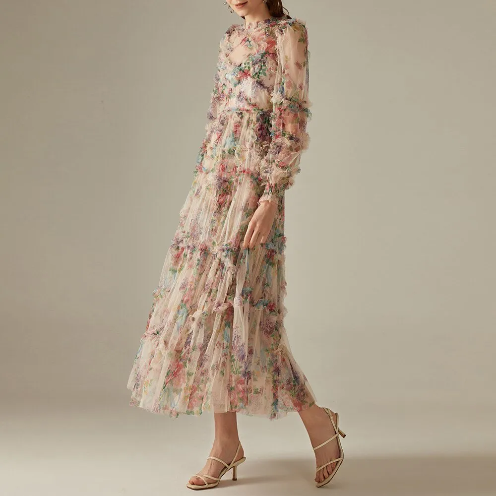 VGH Floral Long Sleeve High Waist Ruffle Dress