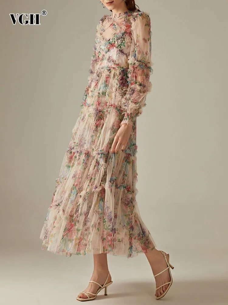 VGH Floral Long Sleeve High Waist Ruffle Dress