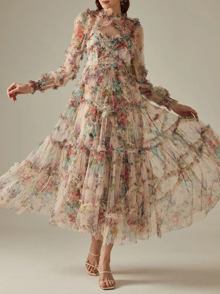 VGH Floral Long Sleeve High Waist Ruffle Dress