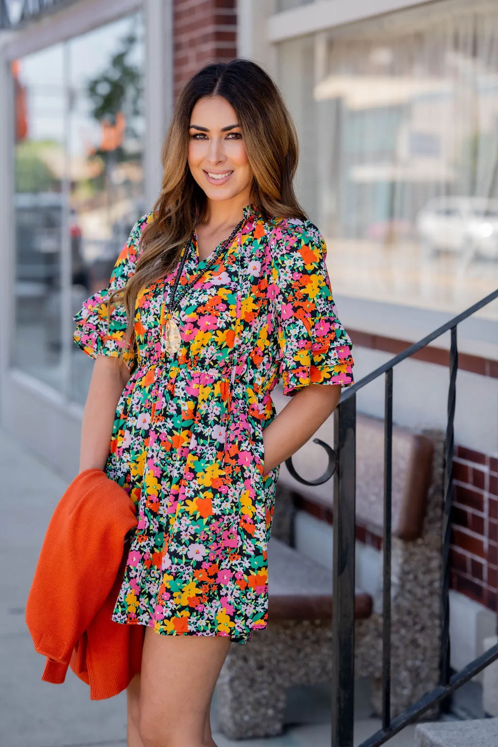 Vibrant Blooms Triple Ruffle Sleeve Dress