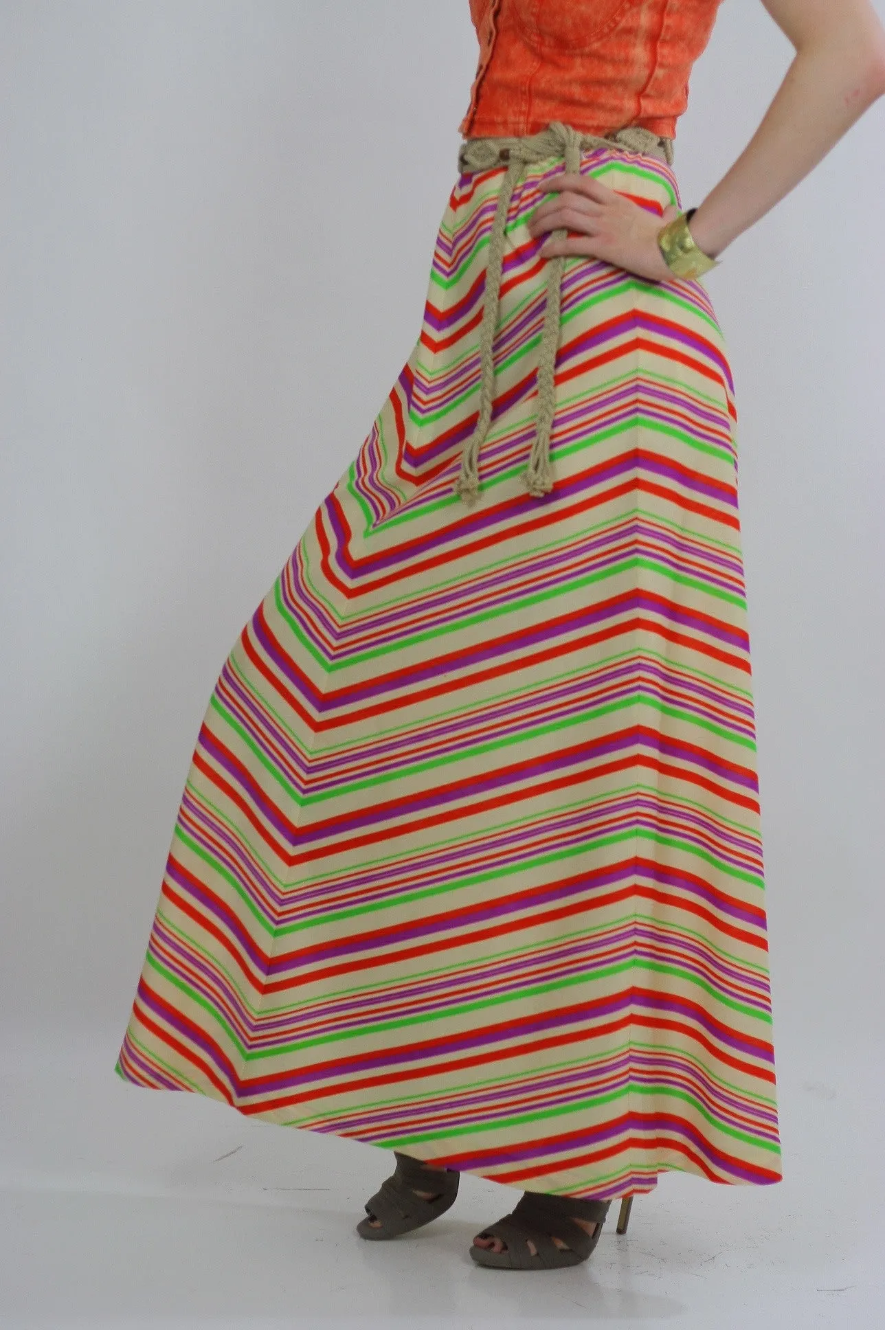 Vintage 60s Boho Hippie Chevron neon maxi skirt