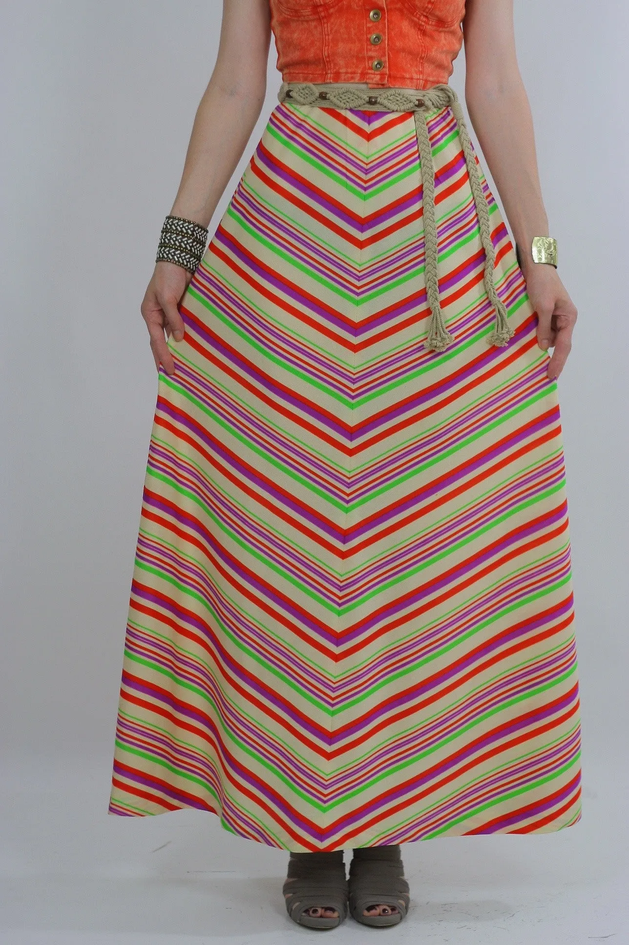 Vintage 60s Boho Hippie Chevron neon maxi skirt