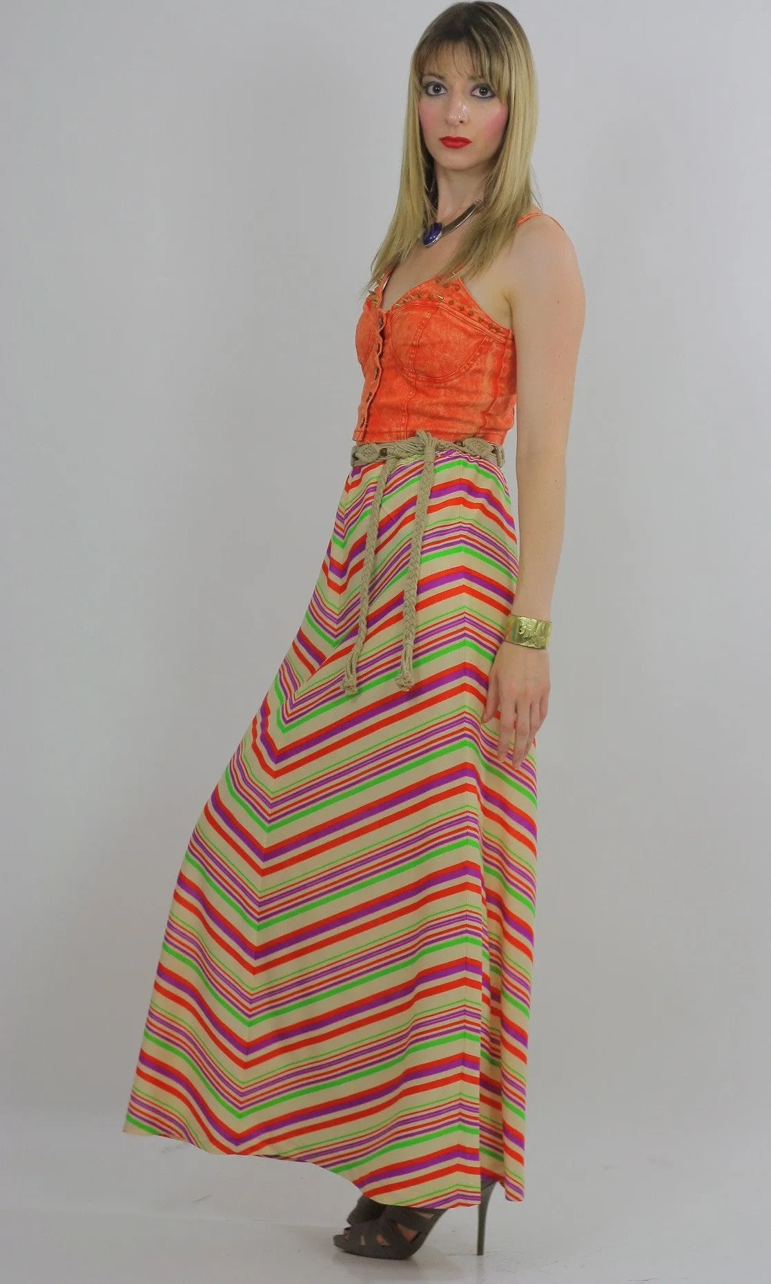 Vintage 60s Boho Hippie Chevron neon maxi skirt