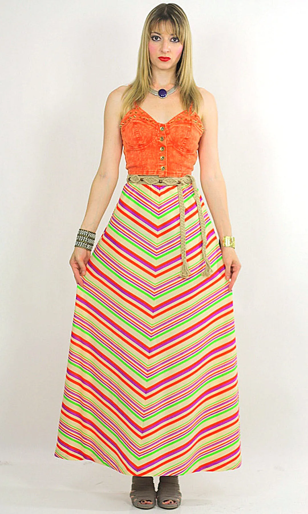 Vintage 60s Boho Hippie Chevron neon maxi skirt