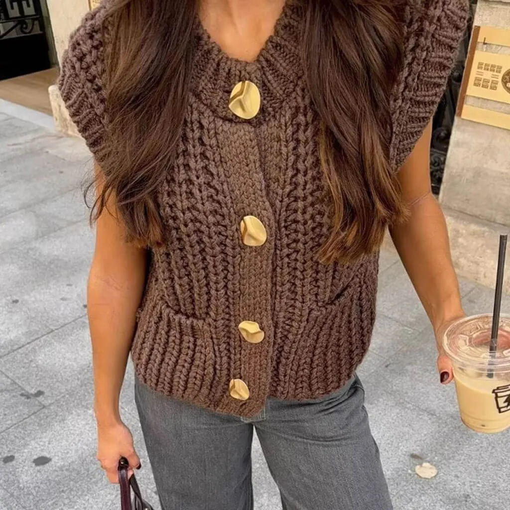 Vintage Crew Neck Button Down Patch Pocket Oversize Chunky Cable Knit Vest