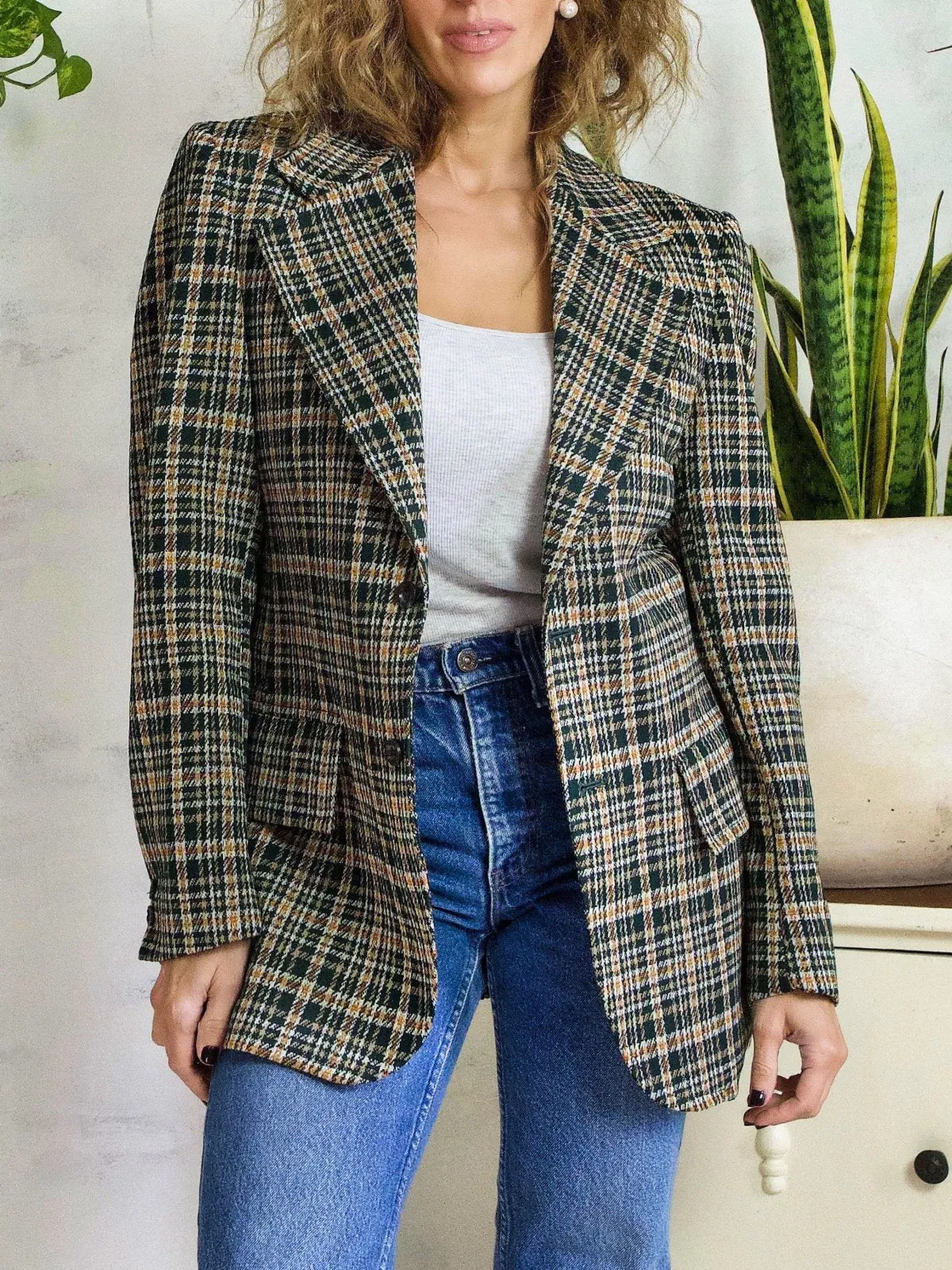 Vintage Plaid Pine Green Blazer