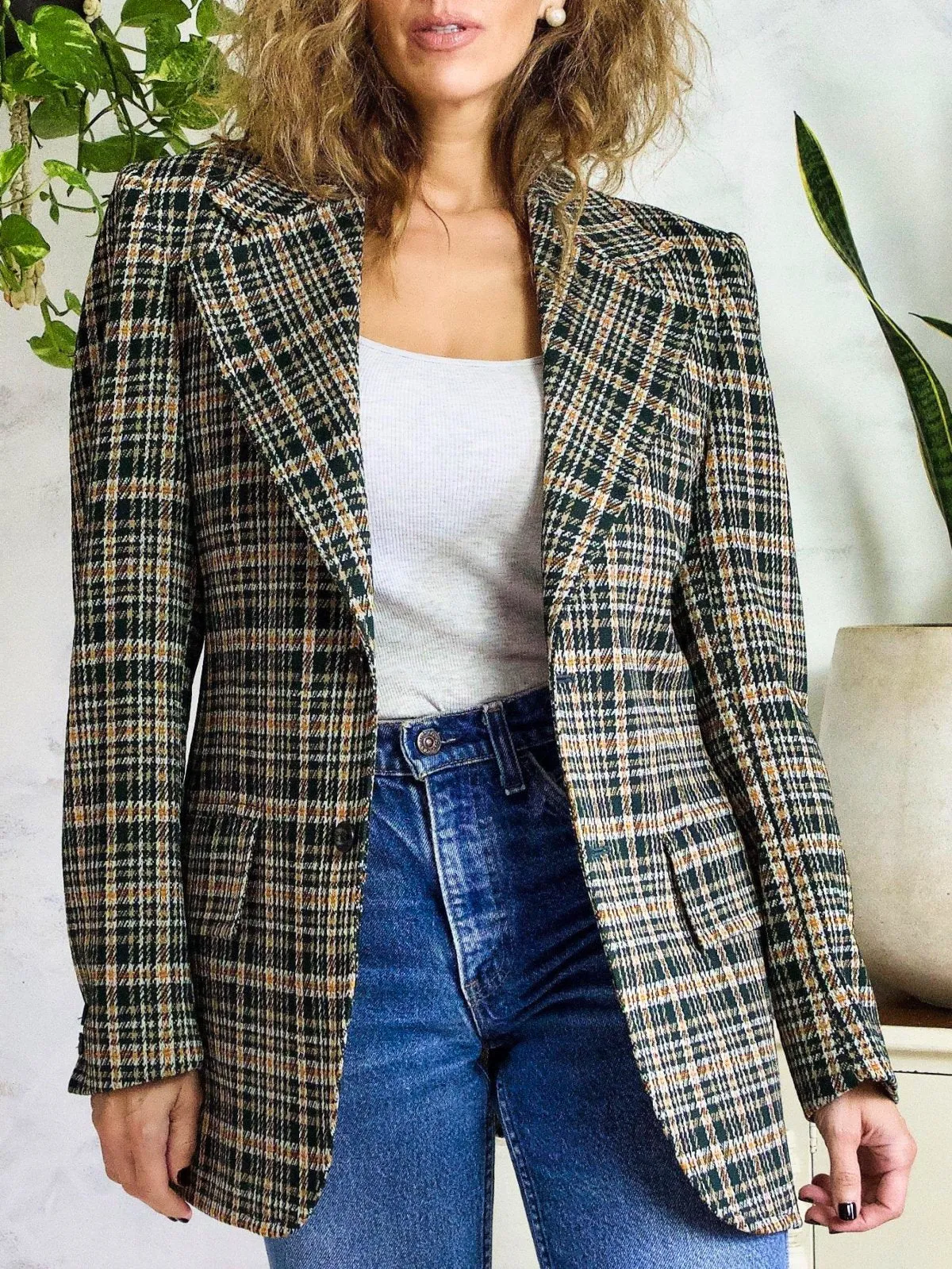 Vintage Plaid Pine Green Blazer