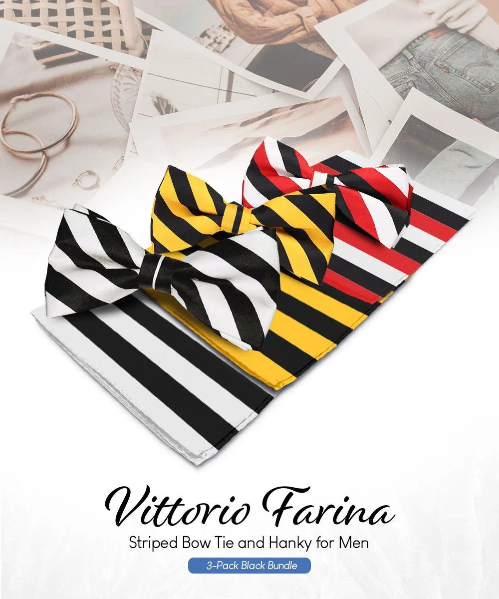 Vittorio Farina Men's Striped Satin Bow Tie & Pocket Square in Gift Box (Multipack)