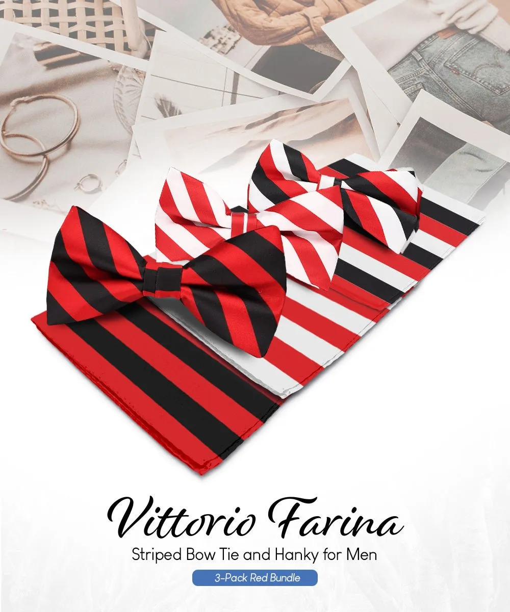 Vittorio Farina Men's Striped Satin Bow Tie & Pocket Square in Gift Box (Multipack)