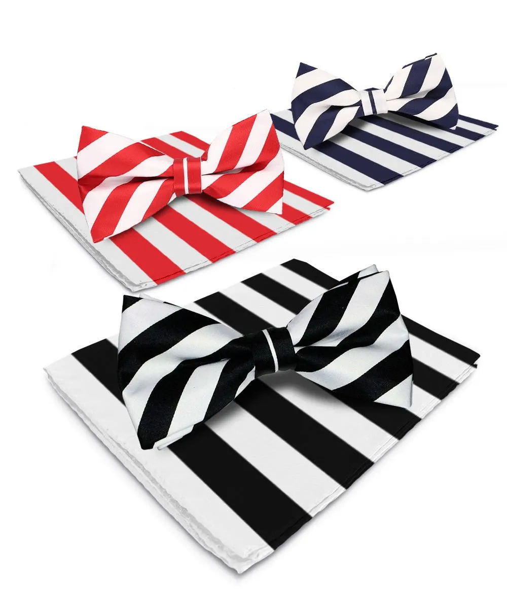 Vittorio Farina Men's Striped Satin Bow Tie & Pocket Square in Gift Box (Multipack)